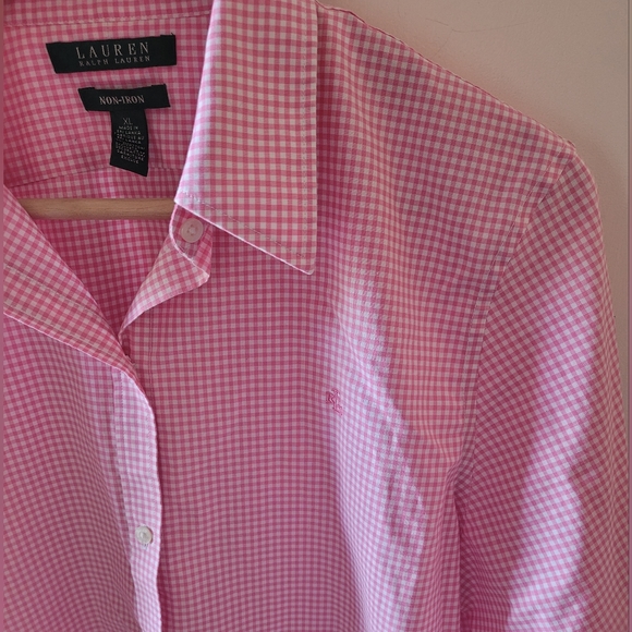 Lauren Ralph Lauren Pink and White Gingham Print Button Up Blouse Size XL Barbie - Picture 3 of 5